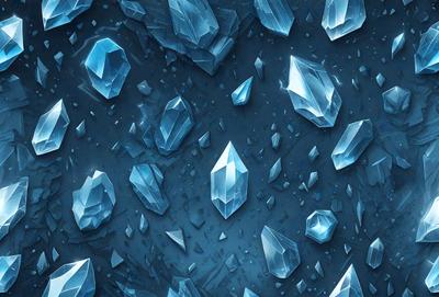 The primary subject of the image is a large cluster of blue crystals, which are the main objects in the scene. The setting is a dark blue background, which creates a dramatic contrast with the crystals. The visual style of the image is a digital art or illustration, as the crystals are depicted in a detailed and intricate manner. The dominant colors in the image are blue and black, giving the scene a moody and mysterious atmosphere.
