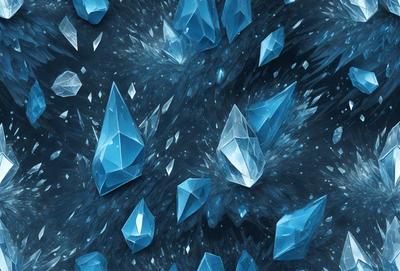 The primary subject of the image is a collection of blue crystals, which are the main objects in the scene. The setting is a dark, blue background, which creates a dramatic and moody atmosphere. The visual style is a digital art or illustration, as the crystals are depicted in a detailed and intricate manner. The colors and mood of the image are predominantly blue, with the crystals being the main focus and source of visual interest.