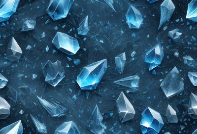 The primary subject of the image is a collection of blue crystals or glass pieces, which are the main objects in the scene. The setting is a dark blue background, which contrasts with the bright blue crystals. The visual style is a digital art or illustration, as the crystals are depicted in a detailed and intricate manner. The colors and mood of the image are predominantly blue, creating a sense of calmness and tranquility.