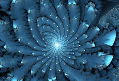 The primary subject of the image is a blue spiral pattern, which appears to be a digital art or illustration. The setting is a blue background, and the visual style is a combination of photo and digital art. The colors and mood of the image are predominantly blue, creating a calm and serene atmosphere.