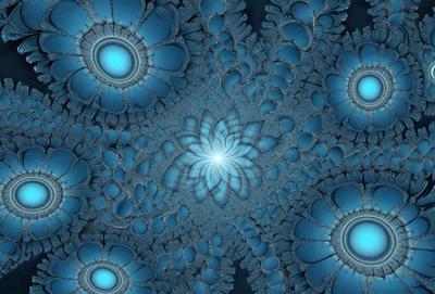 The primary subject of the image is a blue and white flower, which is the focal point of the scene. The setting is a dark background, which contrasts with the bright blue and white colors of the flower. The visual style of the image is a digital art or illustration, showcasing the intricate details of the flower. The dominant colors in the image are blue and white, creating a serene and calming atmosphere.