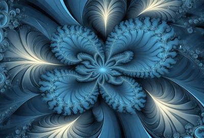 The primary subject of the image is a blue and white flower with a swirling pattern. The setting is a blue background, which adds to the overall visual style. The flower appears to be a digital art or illustration, creating a unique and intricate design. The colors and mood of the image are predominantly blue and white, giving it a calm and serene atmosphere.