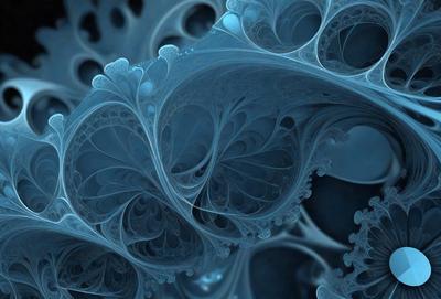 The primary subject of the image is a blue and white artistic design, possibly a digital art or illustration. The setting is a blue background, which adds to the overall atmosphere of the image. The visual style is a combination of patterns and textures, creating a unique and intricate design. The colors and mood of the image are predominantly blue and white, giving it a calm and serene appearance.