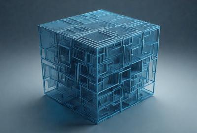 The primary subject of the image is a blue, three-dimensional structure, which appears to be a cube or a similar geometric shape. The setting is a gray background, which provides a contrasting color to the blue structure. The visual style of the image is a combination of digital art and illustration, as the blue structure is depicted in a detailed and intricate manner. The colors and mood of the image are predominantly blue and gray, creating a sense of depth and complexity.