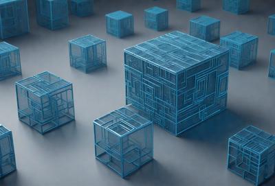 The primary subject of the image is a large blue cube, which is surrounded by several smaller blue cubes. The setting is a gray surface, which serves as the background for the scene. The visual style of the image is digital art, as it features a pattern of blue cubes. The dominant colors in the image are blue, and the overall atmosphere is geometric and modern.