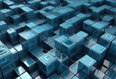 The primary subject of the image is a blue, three-dimensional grid made up of many small blue squares. The setting is a blue background, and the visual style is digital art. The dominant colors are blue, and the overall atmosphere is clean, modern, and visually appealing.