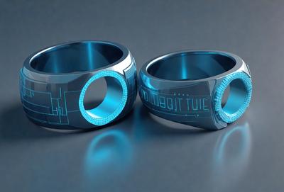 The primary subject of the image is a pair of blue rings. The setting is a gray background, which provides a clean and minimalistic look. The visual style is digital art, as the rings are designed with a futuristic and sleek appearance. The dominant colors are blue and silver, creating a modern and sophisticated mood.