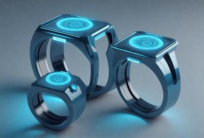 The primary subject of the image is a set of three rings with blue lights on them. The rings are placed on a table, and the setting appears to be a room with a gray background. The visual style of the image is a combination of photo and digital art, creating a futuristic and modern appearance. The dominant colors in the image are blue and silver, giving the scene a sleek and sophisticated atmosphere.