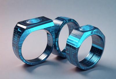 The primary subject of the image is a set of three blue and silver rings. The rings are placed on a gray surface, which serves as the background. The visual style of the image is a combination of digital art and illustration, as the rings are depicted with a futuristic design. The dominant colors in the image are blue and silver, giving the scene a modern and sleek appearance.