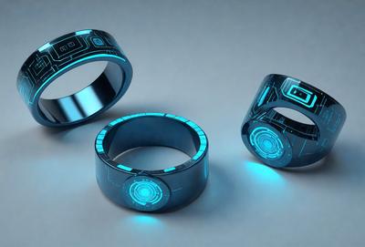 The primary subject of the image is a close-up of three rings with blue and green lights on them. The rings are placed on a white surface, which serves as the setting or background. The visual style of the image is digital art, as the rings are depicted with a futuristic and technological appearance. The dominant colors in the image are blue and green, creating a vibrant and luminous atmosphere.