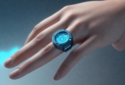 The primary subject of the image is a ring with a blue center, which is placed on a person's finger. The ring is described as a "superhero ring" and is set against a dark background. The visual style of the image is digital art, and the colors and mood are dark and mysterious.