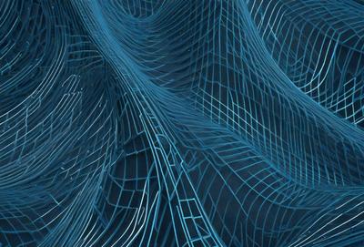 The primary subject of the image is a blue, wavy, and textured surface that resembles a futuristic, metallic, or organic structure. The setting is a dark blue background, which contrasts with the blue surface. The visual style is a combination of digital art, illustration, and pattern, creating a unique and intriguing appearance. The colors and mood of the image are predominantly blue, with a sense of depth and complexity.