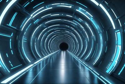 The primary subject of the image is a tunnel with a blue light illuminating it. The setting is a futuristic environment, possibly a space station or a high-tech facility. The visual style is a combination of digital art and illustration, creating a unique and captivating atmosphere. The dominant colors are blue and white, giving the scene a sense of depth and sophistication.
