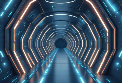The primary subject of the image is a long, narrow tunnel with a blue light illuminating it. The setting is a futuristic environment, possibly a space station or a high-tech facility. The visual style is a digital art or illustration, with the tunnel appearing to be a part of a larger, interconnected network. The colors and mood of the image are predominantly blue, giving it a cool and futuristic atmosphere.