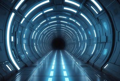 The primary subject of the image is a long, narrow tunnel with a blue light illuminating it. The tunnel appears to be a part of a futuristic setting, possibly a space station or a high-tech facility. The visual style of the image is a combination of photo and digital art, creating a unique and captivating atmosphere. The dominant colors in the image are blue and white, which contribute to the futuristic and technological vibe of the scene.