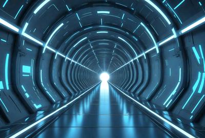 The primary subject of the image is a tunnel with a blue light illuminating it. The setting is a futuristic environment, possibly a space station or a high-tech facility. The visual style is a digital art or illustration, creating a sense of depth and intrigue. The dominant colors are blue and white, giving the scene a cool and modern atmosphere.