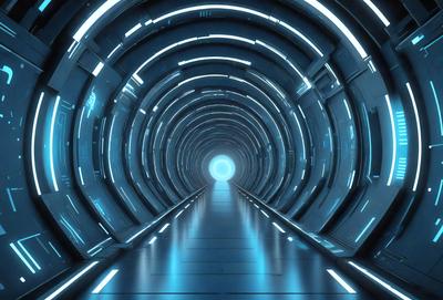 The primary subject of the image is a long, narrow tunnel with a blue light illuminating it. The tunnel appears to be a futuristic, high-tech structure, possibly a part of a space station or a transportation system. The setting is a dark, enclosed space, and the visual style is a combination of digital art and illustration. The dominant colors are blue and black, creating a sense of depth and mystery in the scene.