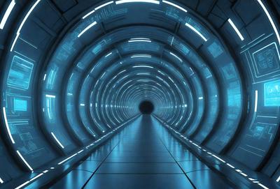 The primary subject of the image is a long, narrow tunnel with a blue light illuminating it. The tunnel appears to be a part of a futuristic city, as it is surrounded by a blue-lit environment. The visual style of the image is a combination of a photo and digital art, creating a unique and captivating atmosphere. The dominant colors in the image are blue and white, giving the scene a futuristic and sleek appearance.