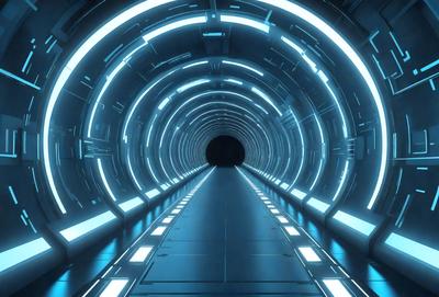 The primary subject of the image is a long, narrow tunnel with a blue light illuminating it. The tunnel appears to be a futuristic, high-tech space, possibly a part of a transportation system or a subterranean passage. The setting is a dark, enclosed space, and the visual style is a digital art or illustration. The dominant colors are blue and black, creating a sense of depth and mystery in the scene.