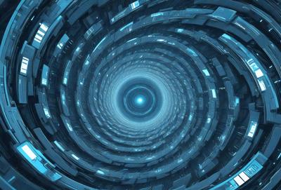 The primary subject of the image is a blue spiral, which appears to be a digital art or illustration. The spiral is set against a blue background, creating a visually striking scene. The visual style of the image suggests that it is a digital creation, possibly a part of a futuristic or space-themed design. The dominant colors in the image are blue, which creates a sense of depth and tranquility.