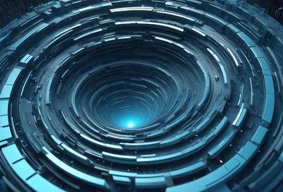 The primary subject of the image is a large, circular structure with a blue hue. The setting is a dark, blue environment, which creates a mysterious and intriguing atmosphere. The visual style appears to be a combination of digital art and illustration, as the circular structure is depicted in a detailed and artistic manner. The colors and mood convey a sense of depth and complexity, inviting the viewer to explore the structure further.