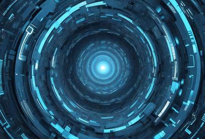 The primary subject of the image is a large, blue, circular structure with a central hole. The setting is a futuristic environment, possibly a space station or a high-tech facility. The visual style is a combination of digital art and illustration, creating a unique and captivating scene. The dominant colors are blue and white, giving the image a sense of depth and sophistication. The overall atmosphere is one of wonder and exploration, as the viewer is drawn into the intricate and captivating world of the
