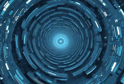 The primary subject of the image is a blue, circular, and spiral-like structure. The setting is a futuristic, digital environment, with a blue and white color scheme. The visual style is a combination of digital art and illustration, creating a unique and captivating scene. The overall atmosphere is one of intrigue and wonder, as the viewer is drawn into the depths of the spiral structure.
