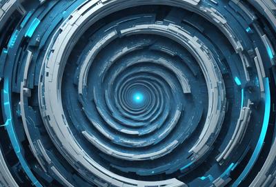 The primary subject of the image is a blue spiral, which appears to be a futuristic or abstract design. The setting is a dark, blue background, which contrasts with the spiral. The visual style is digital art, as the spiral is depicted in a computer-generated manner. The colors and mood of the image are predominantly blue, creating a sense of depth and intrigue.