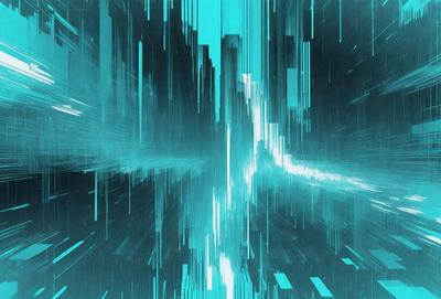 The primary subject of the image is a futuristic cityscape, featuring a blue sky and a large building. The setting is a futuristic city, with the building being the main focus. The visual style is a combination of digital art and illustration, creating a vibrant and dynamic atmosphere. The colors and mood are predominantly blue, with a sense of motion and energy.