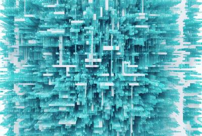 The primary subject of the image is a blue, three-dimensional structure with a unique and intricate design. The setting is a blue background, which complements the vibrant colors of the structure. The visual style is a combination of digital art and illustration, creating a captivating and eye-catching scene. The dominant colors are blue and white, giving the image a calming and serene atmosphere.