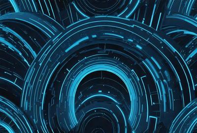 The primary subject of the image is a blue and black digital artwork featuring a circular pattern with a blue background. The setting is a futuristic environment, and the visual style is a combination of digital art and illustration. The dominant colors are blue and black, creating a mood of sophistication and modernity.