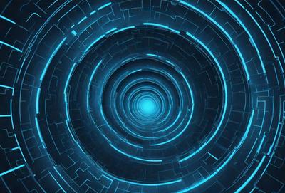 The primary subject of the image is a blue, circular, and futuristic-looking design. The setting is a dark, blue background, which complements the blue design. The visual style is a combination of digital art and illustration, creating a unique and captivating image. The colors and mood of the image are predominantly blue, giving it a futuristic and space-like atmosphere.