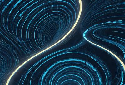 The primary subject of the image is a blue spiral pattern, which appears to be a digital art or illustration. The setting is a dark blue background, and the visual style is a combination of digital art and illustration. The colors and mood of the image are predominantly blue, creating a calm and serene atmosphere.