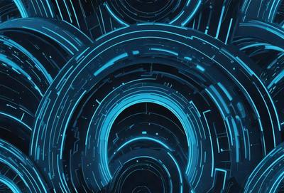 The primary subject of the image is a blue and black digital artwork featuring a circular pattern with a blue background. The setting is a futuristic environment, and the visual style is a combination of digital art and illustration. The dominant colors are blue and black, creating a mood of sophistication and modernity.