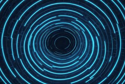 The primary subject of the image is a blue, circular, and glowing object. The setting appears to be a dark environment, with the circular object being the main focus. The visual style of the image is digital art, as it is a computer-generated or digitally created image. The dominant colors in the image are blue and black, creating a futuristic and mysterious atmosphere.