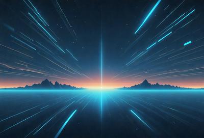 The primary subject of the image is a blue light beam, which appears to be a futuristic or space-themed design. The setting is a dark, starry sky, with a few stars visible in the background. The visual style is a combination of digital art and illustration, creating a dynamic and captivating scene. The colors and mood of the image are predominantly blue, with a hint of orange from the setting sun, giving the scene a sense of depth and atmosphere.