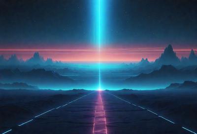 The primary subject of the image is a long, brightly lit tunnel that appears to be a part of a futuristic cityscape. The tunnel is illuminated by a blue light, giving it a unique and captivating appearance. The setting is a futuristic city with a backdrop of mountains, adding to the overall atmosphere of the scene. The visual style of the image is a combination of digital art and illustration, creating a striking and imaginative representation of the futuristic city and its tunnel. The colors