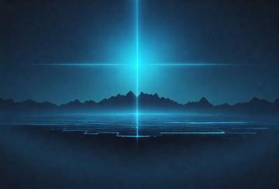 The primary subject of the image is a mountain range, with a blue sky and a cross in the background. The setting is a nighttime landscape, and the visual style appears to be a digital art or illustration. The dominant colors are blue and black, creating a serene and dramatic atmosphere.