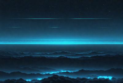 The primary subject of the image is a beautifully illustrated ocean scene. The setting is a dark, starry night, with the ocean's surface illuminated by a blue glow. The visual style is a combination of digital art and illustration, creating a captivating and serene atmosphere. The colors and mood are predominantly blue, with the ocean's surface reflecting the starry night sky, creating a sense of tranquility and wonder.