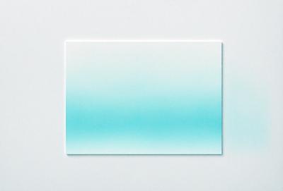 The primary subject of the image is a square piece of blue artwork, which is displayed on a white background. The artwork features a blue and white color scheme, creating a visually appealing contrast. The setting appears to be a gallery or a display area, showcasing the artwork to the viewers. The visual style of the image is a combination of digital art and illustration, giving it a modern and contemporary feel.