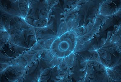 The primary subject of the image is a blue and white swirling pattern, which appears to be a digital art or illustration. The setting is a blue background, and the visual style is a combination of digital art and illustration. The colors and mood of the image are predominantly blue and white, creating a sense of calmness and tranquility.