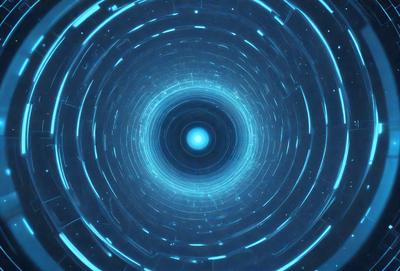 The primary subject of the image is a blue, circular, and glowing object, which appears to be a futuristic or space-themed design. The setting is a dark background, which contrasts with the bright blue object. The visual style is a combination of digital art and illustration, creating a unique and captivating scene. The colors and mood of the image are predominantly blue, with a sense of depth and intrigue.