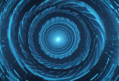 The primary subject of the image is a blue spiral pattern, which appears to be a digital art or illustration. The setting is a blue background, and the visual style is a combination of a photo and digital art. The colors and mood of the image are predominantly blue, creating a calm and serene atmosphere.