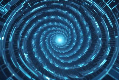 The primary subject of the image is a spiral pattern, which is a blue and white design. The setting is a blue background, and the visual style appears to be a digital art or illustration. The colors and mood of the image are predominantly blue and white, creating a sense of depth and complexity in the spiral pattern.