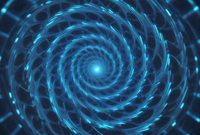 The primary subject of the image is a spiral pattern, which is a blue and white swirl. The setting is a dark blue background, and the visual style appears to be a digital art or illustration. The colors and mood of the image are predominantly blue and white, creating a sense of depth and intricacy in the spiral pattern.