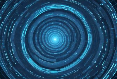 The primary subject of the image is a blue, circular, and spiral-like pattern. The setting is a dark blue background, which creates a contrasting and visually striking effect. The visual style is a combination of digital art and illustration, as the spiral pattern appears to be a digital creation. The colors and mood of the image are predominantly blue, creating a sense of depth and tranquility.