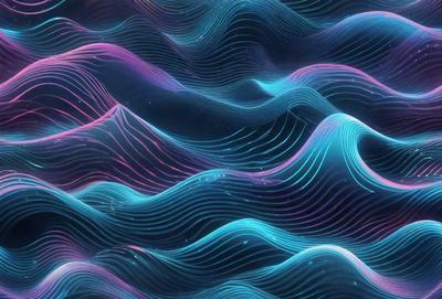 The primary subject of the image is a blue and purple wave pattern, which is the main focus of the image. The setting is a blue and purple background, creating a visually appealing and vibrant scene. The visual style of the image is digital art, as it is a computer-generated design. The dominant colors in the image are blue and purple, creating a calming and serene atmosphere.