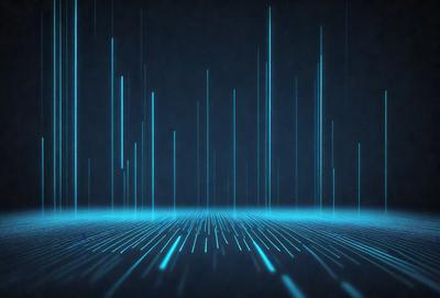 The primary subject of the image is a blue and white patterned background. The setting is a dark room with a blue sky visible in the background. The visual style is a digital art or illustration, creating a futuristic and modern atmosphere. The dominant colors are blue and white, with the blue sky and white patterned background creating a cohesive and visually appealing scene.