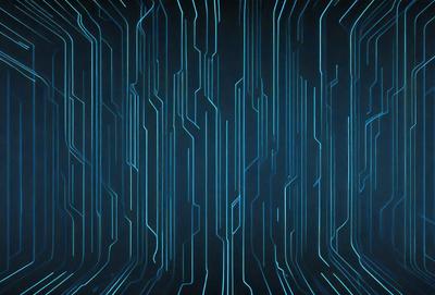 The primary subject of the image is a blue and white patterned wall. The setting is a dark room with a blue background. The visual style is a digital art or illustration, creating a futuristic and modern atmosphere. The dominant colors are blue and white, with the blue background and white patterned wall creating a cohesive and visually appealing design.