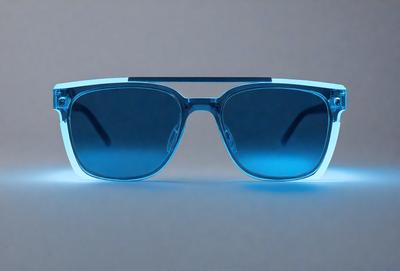 The primary subject of the image is a pair of sunglasses. The sunglasses are blue and have a reflective surface, giving them a shiny appearance. The sunglasses are placed on a white surface, which serves as the background of the image. The visual style of the image is a close-up of the sunglasses, highlighting their details and reflective surface. The colors and mood of the image are predominantly blue, giving the sunglasses a cool and stylish appearance